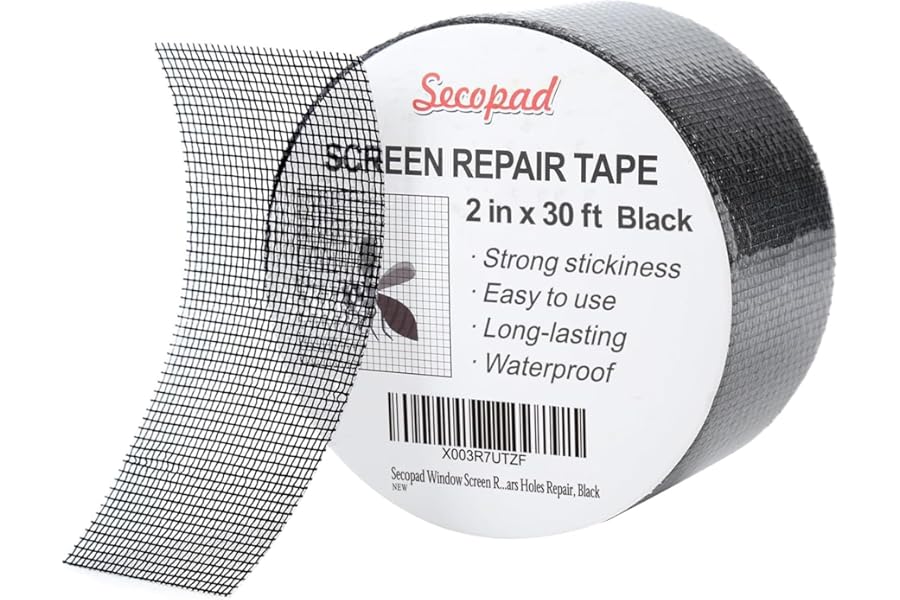 Secopad Black Window Screen Repair Tape, 2 in X 30 FT (360IN) Screen Repair Kit for Windows or Doors, Strong Adhesive Fiberglass Mesh Patch Tape