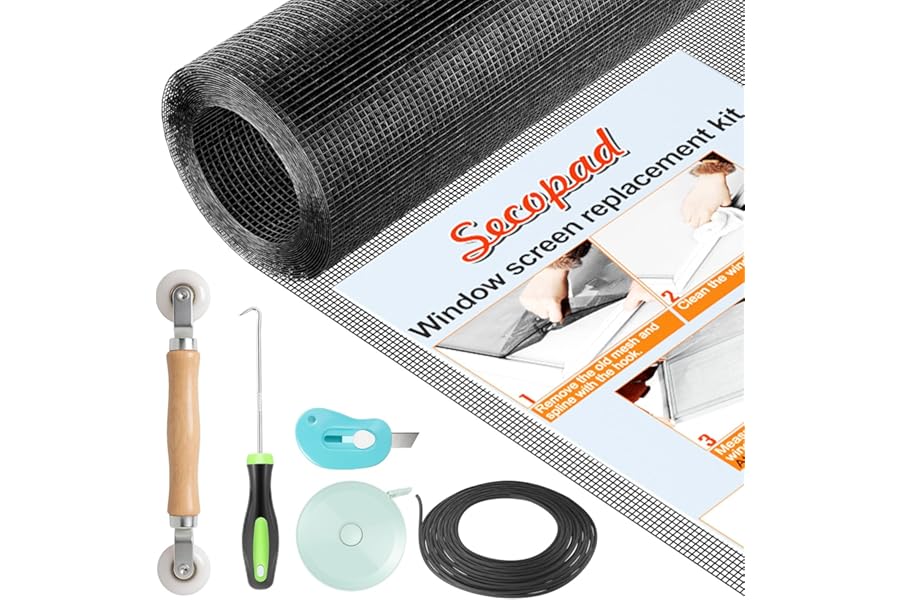 Secopad Window Screen Repair Kit, 39" x 78" Screen Door Mesh Replacement Kit, Durable Fiberglass Roll with Tools for Windows Doors Patio and Porch Replacement, Black