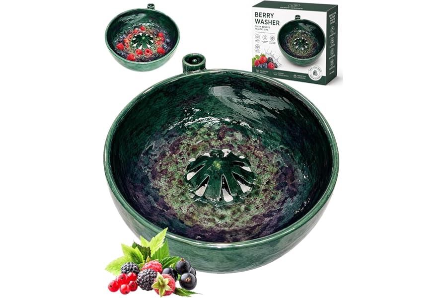 Self Spinning Berry Washing Bowl, Berry Bowls with Holes Ceramic, Fruit Washer Spinner with Strainer and Colander, Handmade Multipurpose Washing Cleaner for Cleaning Berries, Vegetables