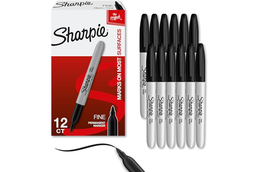 Sharpie Permanent Markers, Fine Tip, Black, 12 Count - Office Supplies, Quick Drying, Fade Resistant, For Wood, Plastic, Paper, Metal, And More