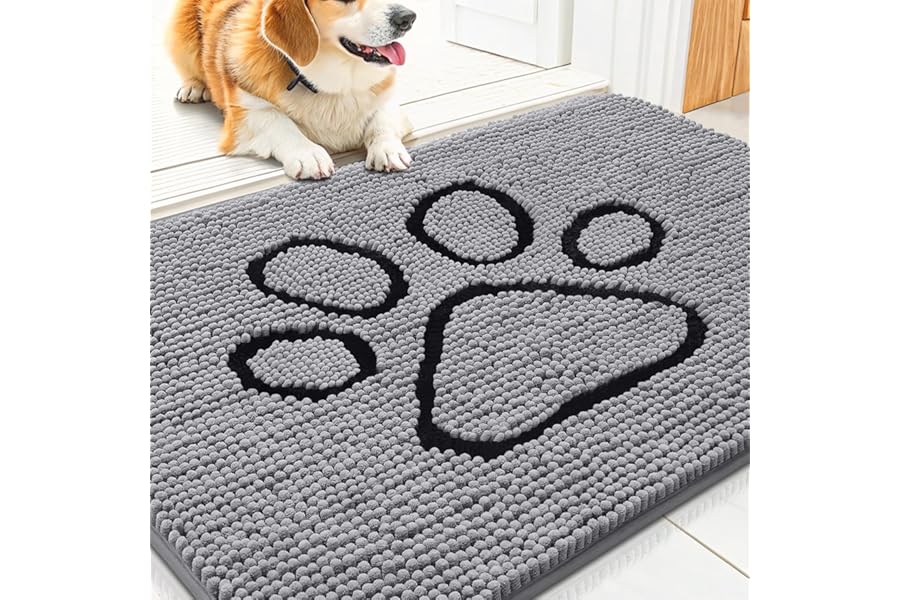 Smiry Dog Door Mat for Muddy Paws, Absorbent Dirt Trapper Non Slip Quick Dry Washable Chenille Mat for Mud Dogs, Entry Rug for Indoor and Outdoor (30x20 Inches, Grey and Black)