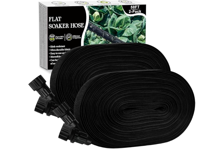 Soaker Hose 100FT, Thickened Flat Soaker Hoses For Garden 100 ft 2 pack, Drip Irrigation Hose Saves 80% Water, Leak-free Design Water Hose with Holes For Lawn, Flower Bed, Vegetable Field (50 FT x 2)