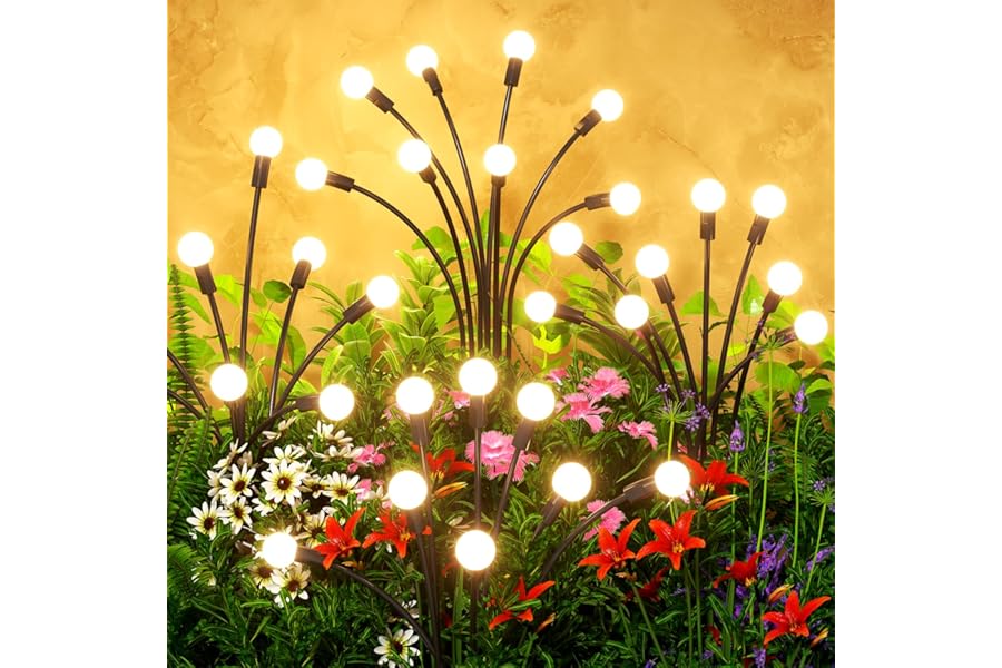 Solar Lights Outdoor(4 Pack,32 LEDs),Solar Lights Outdoor Waterproof for Garden Decor,4 Modes Firefly Light for Outdoor Decor,Big Bulb High Lumens Patio Decor,Sway by Wind,Gardening Gifts for Women