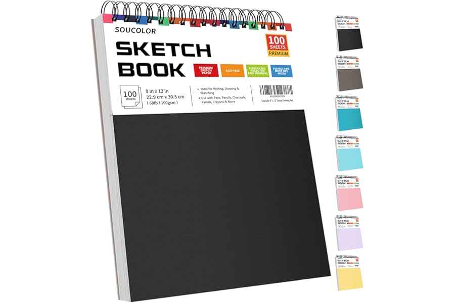 Soucolor 9" x 12" Sketch Book, 100 Sheets Top Spiral Bound Sketchbook with Acid-Free 68lb/100gsm Thick Drawing Paper, Art Ske