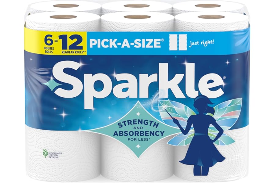 Sparkle Pick-A-Size Paper Towels, 6 Double Rolls (660 Sheets Total) - Strong 2-Ply Towels for Kitchen Cleanup and Everyday Messes