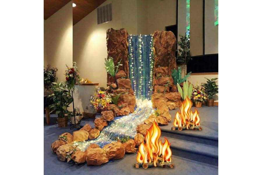 Spiareal 7 Pcs Waterfall Landscaping Kit for Classroom Vbs Decorations DIY Rainforest Campfire Backdrop with LED Light Bible Story Scene 3D Stream Props Vacation Bible School Jungle Church Event 2026