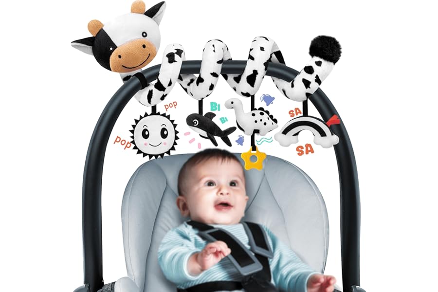 Spiral Car Seat Baby Toys 0-6 Months, Infant Carseat High Contrast Sensory Toys Hanging Stroller Accessories, Newborn Shower Gifts for Baby Boys Essentials Stuff, Cute Black and White Cow