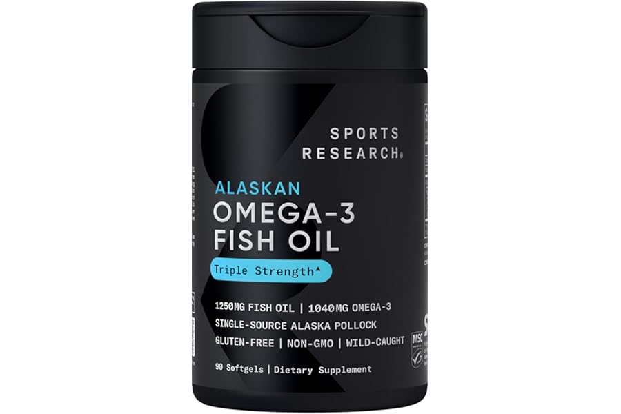 Sports Research® Omega-3 Fish Oil 1250 - Triple Strength Fish Oil Supplement from Wild Alaska Pollock - MSC Certified Sustainable · Non-GMO · Soy Free - 90 Softgel Capsules