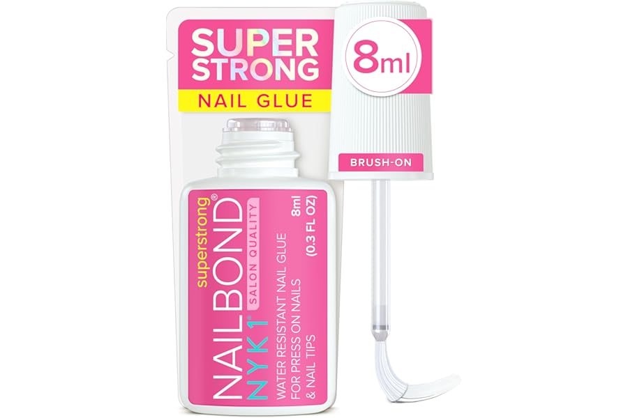 Super Strong Nail Glue for Press On Nails, Nail Tips & Acrylic Nails (8ml) NYK1 NailBond Brush On Glue for Press Ons, Tips & Acrylics - Long Lasting, Maximum Strength, Mess-Free Application