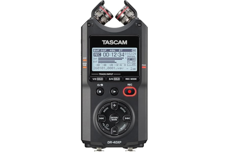 TASCAM DR-40XP 4-Channel 32-Bit Float Portable Handheld Field Recorder and USB-C Audio Interface — With 2 XLR/TRS Inputs and Adjustable Mics for Music, Audio for Video and Interviews