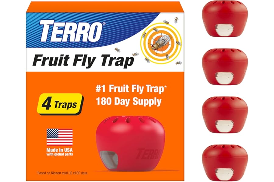 TERRO Fruit Fly Traps for Indoors (4 Pack) + 180 Days of Lure Supply - T2503SR - Lure and Kill Indoor Fruit Flies Near Fruit, Trash Cans, Countertops - Ready to Use Trap - 180 Day Supply