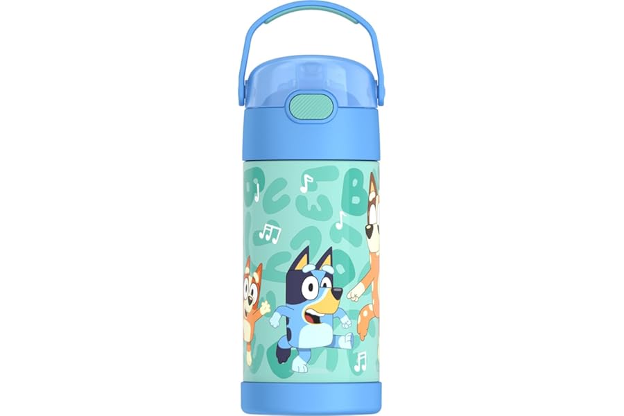 THERMOS FUNTAINER Water Bottle with Straw - 12 Ounce - Kids Stainless Steel Vacuum Insulated Water Bottle with Lid, Bluey