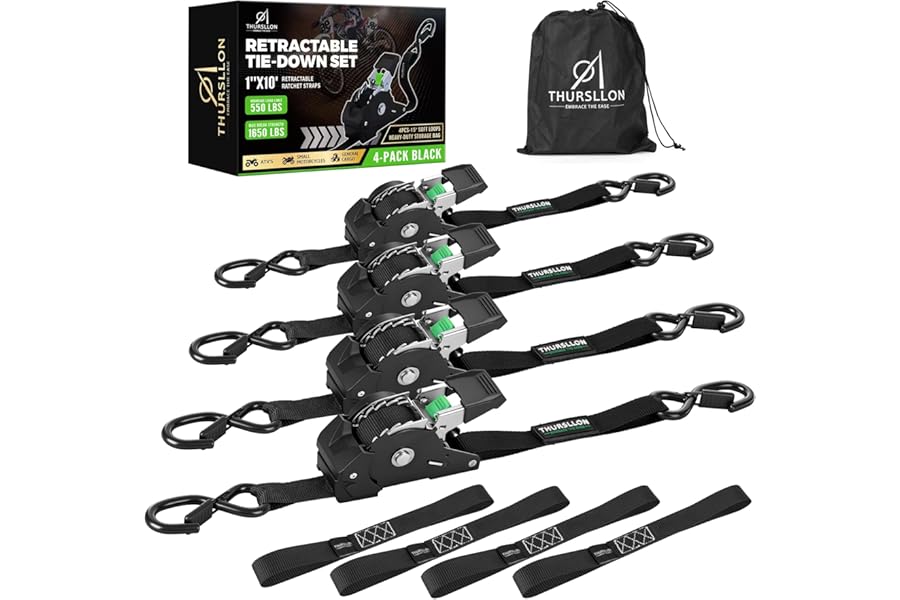 THURSLLON Retractable Ratchet Straps (4-Pack) - 1 Inch x 10 Feet (1,650lb Break Strength) - Auto Self Retracting Tie Down Straps for Truck, Cargo Trailer, Motorcycle, ATV, UTV - Black