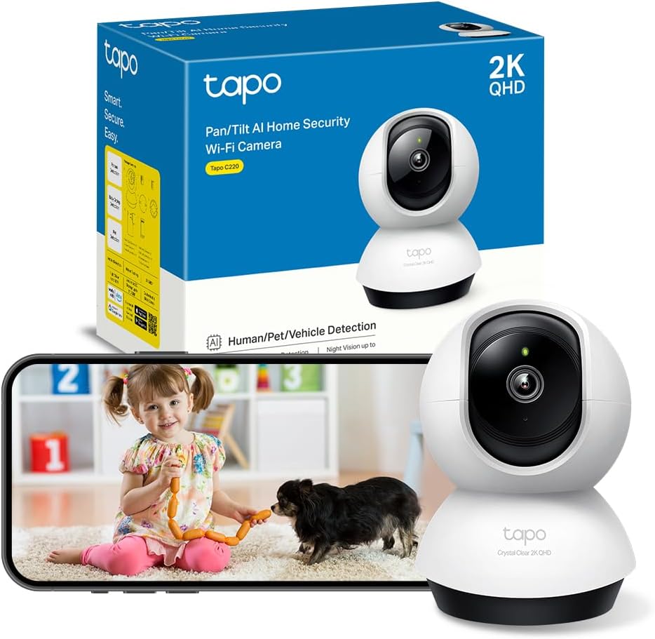 Tapo C220 - IA Cámara Vigilancia 360°, 2K 4MP QHD, Inteligente de IA, Visión Nocturna, Audio Bidireccional, Detección Movimiento, Admite Tarjeta SD 512G, Control Remoto, Fácil configuración