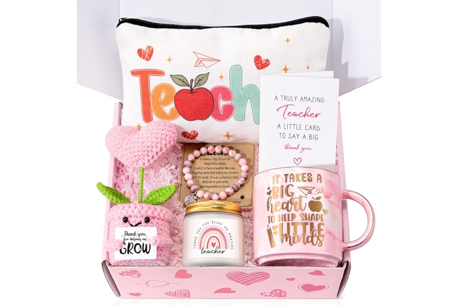 Teacher Appreciation Gifts for Women,Teacher Valentine Gifts from Students,Funny Christmas Back to School End of Year Thank You Basket Box,Unique Birthday Gift Ideas with Crochet Flower Makeup Bag Mug