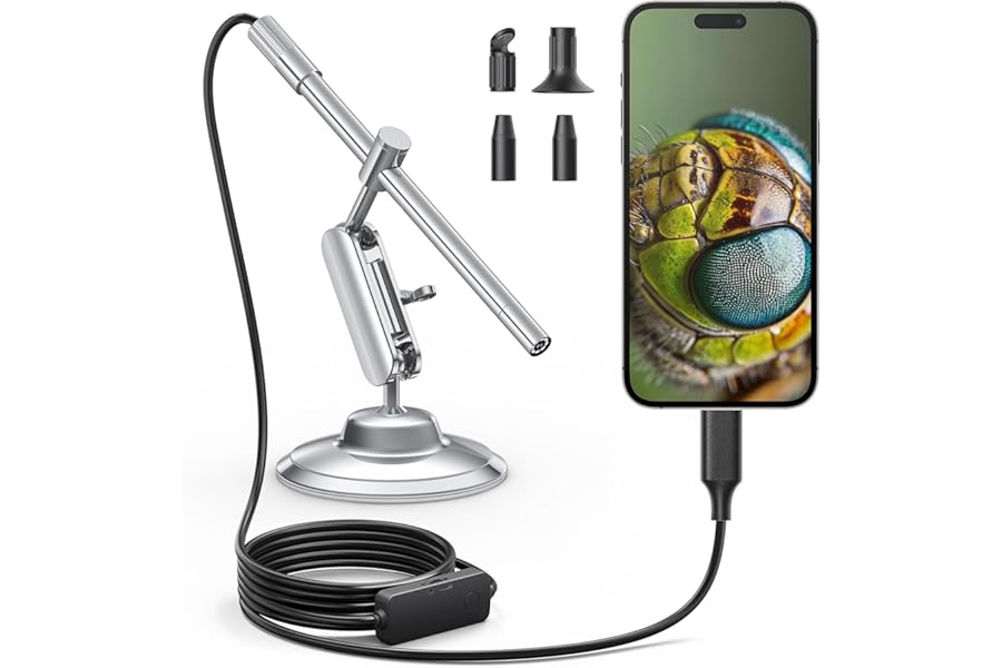Teslong USB-C Digital Microscope, 10X to 200X Magnification Portable Camera with 8 LED Lights, Handheld Rotating Metal Stand for Coin, Electronic, Compatible with iPhone 15+ and Android Devices