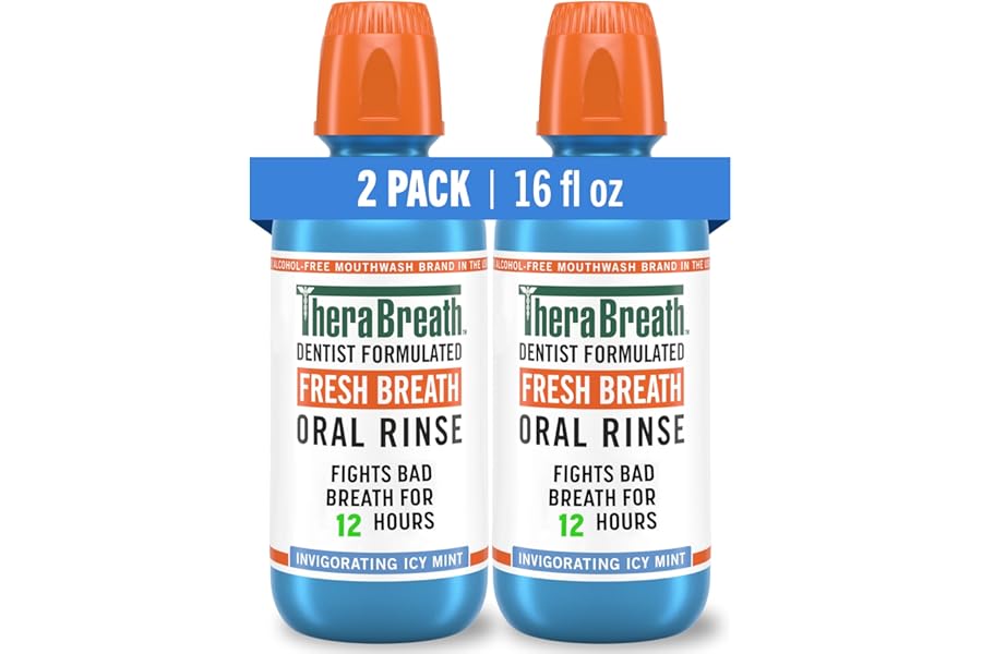 TheraBreath Fresh Breath Mouthwash, Icy Mint Flavor, Alcohol-Free, 16 Fl Oz (Pack of 2)
