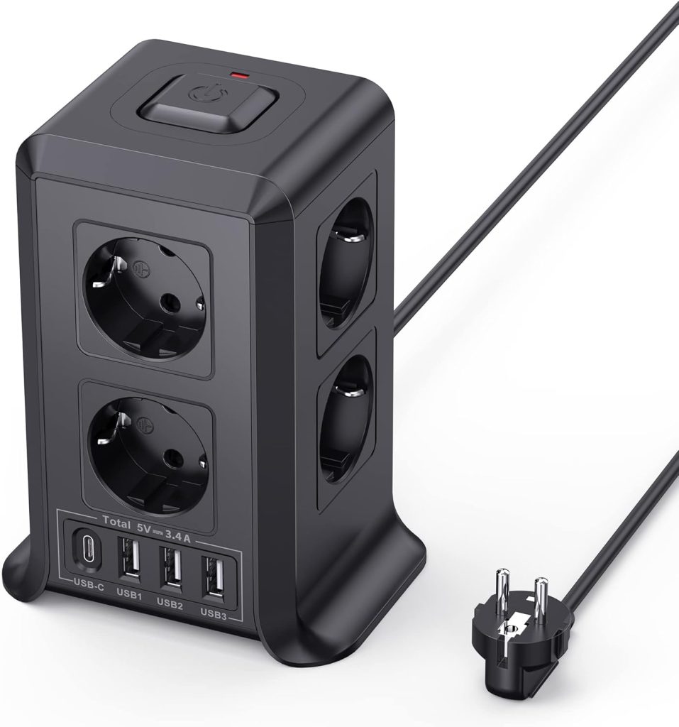 Torre Regletas Enchufes, Regleta USB 8 Tomas de AC y 4 USB Enchufe Multiple, 2500W/10A,Regleta Enchufes Proteccion Sobretension, 2M Regreltas Vertical con Interruptor para Mesa, Oficia, Casa, Negro