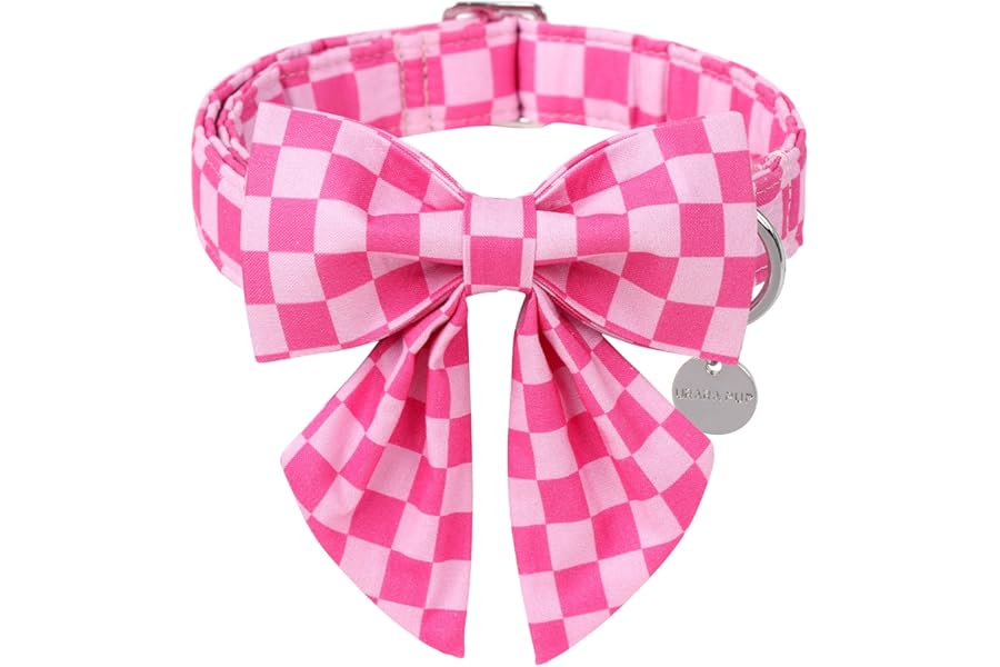 UP URARA PUP Pink Plaid Bowtie Dog Collar - Summer Comfortable Cotton Collar With Metal Buckle for Puppy Boy Girl, M
