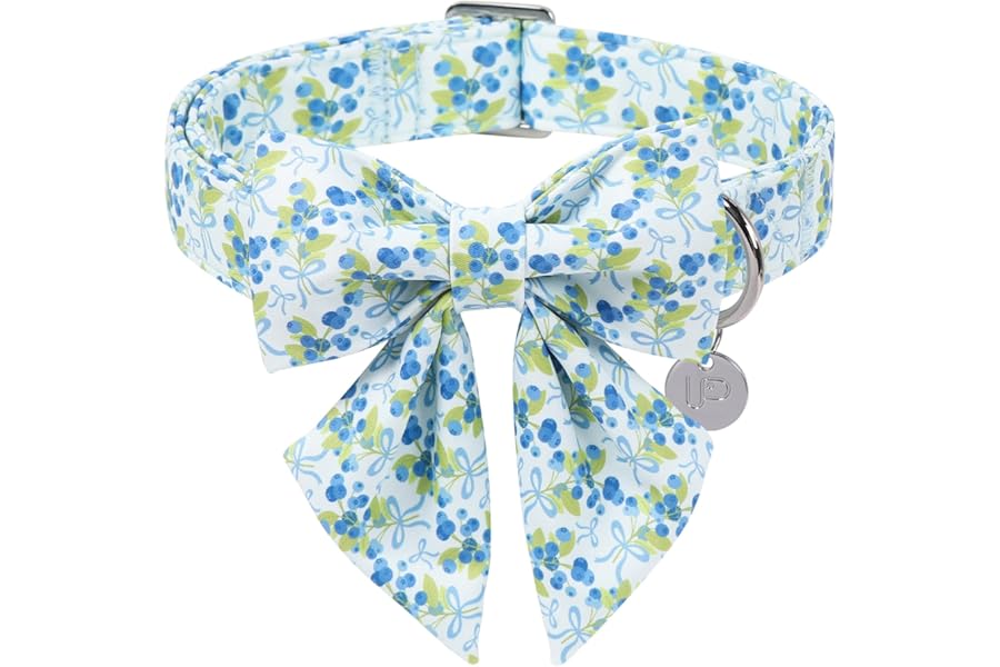 UP URARA PUP Spring and Summer Dog Collar with Bow Tie, Blueberry Bowtie Collar Adjustable for Girl Boy Dog, Spring Blue Bow Collar for Dogs, S