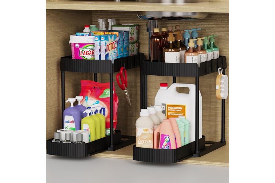 Ukeetap Multi-Purpose Pull-Out Storage Organizers, Under Sink/Cabinet Organizers and Storage for Bathroom & Kitchen, Black, 12.8 Inches, 2 Packs