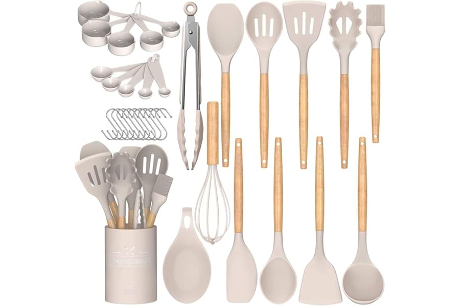 Umite Chef Kitchen Cooking Utensils Set, 33 pcs Non-Stick Silicone Cooking Kitchen Utensils Spatula Set with Holder, Wooden Handle Silicone Kitchen Gadgets Utensil Set (Khaki)