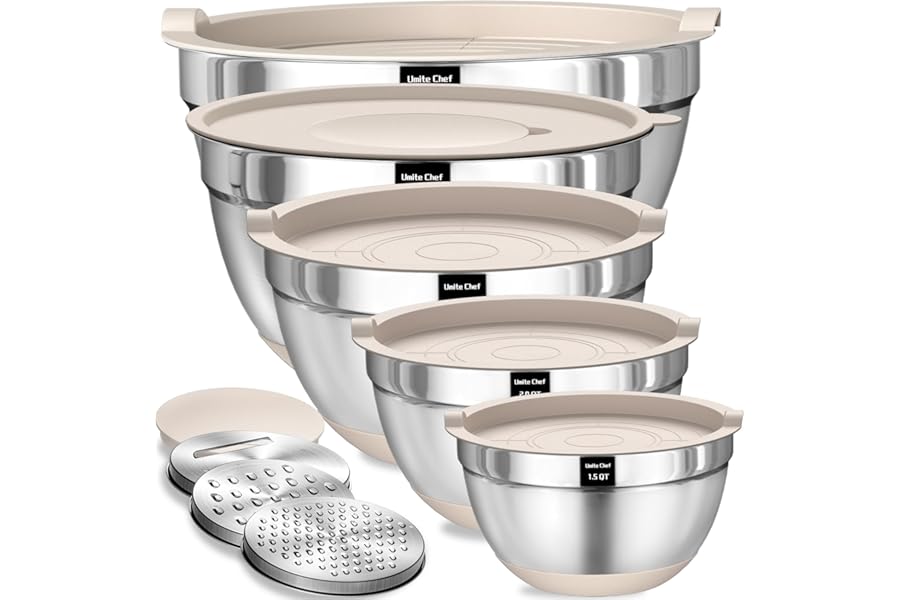 Umite Chef Mixing Bowls with Airtight Lids Set, 8PCS Stainless Steel Nesting Bowls with Grater Attachments, Non-Slip Bottoms, 5, 4, 3.5, 2, 1.5QT for Mixing & Serving