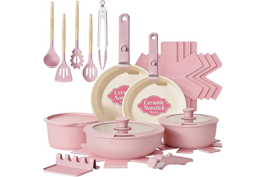 Umite Chef Pots and Pans Set Non Stick, 21 pcs Nonstick Ceramic Cookware Set, RV Kitchen Cooking Set with Detachable Handles, Oven Safe, Induction Cookware, Stackable, Pink, PFAS PFOA & PTFE Free