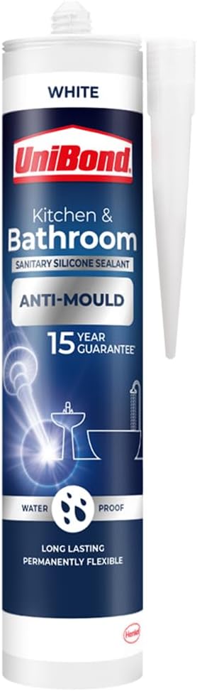 UniBond Anti-Mould White, Waterproof Mould Protection, Long-lasting White Silicone Sealant for Kitchen & Bathroom, Powerful Bath Sealant, 1 x 274g Cartridge