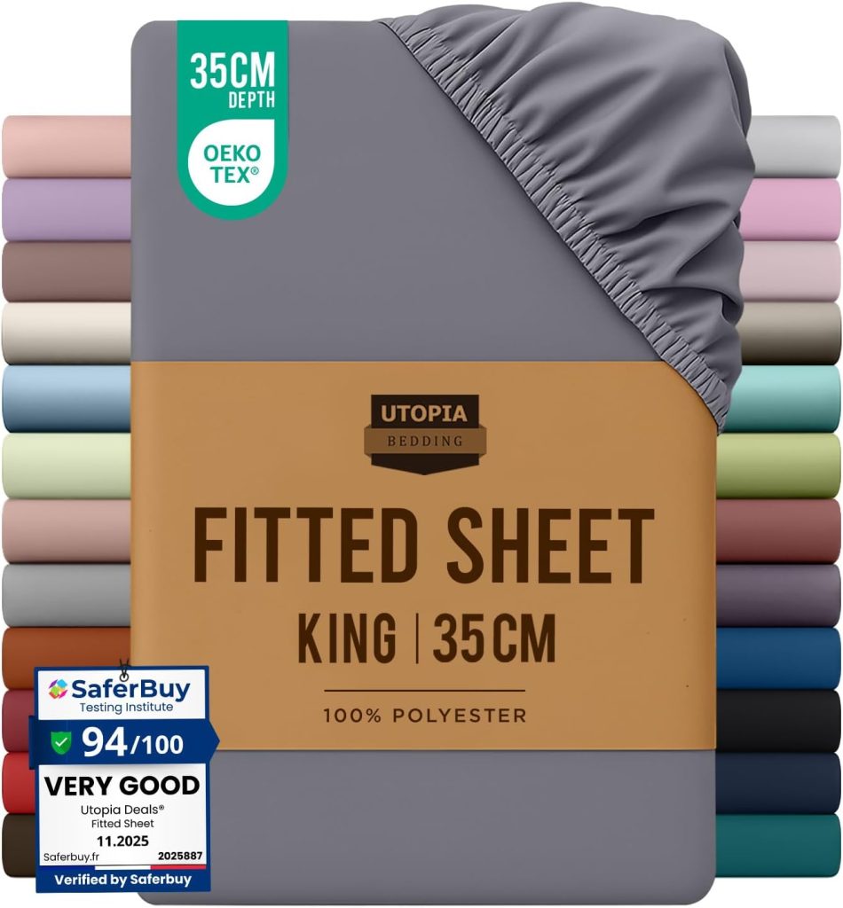 Utopia Bedding Fitted Sheet King, Grey - Deep Pocket 14 inch (35 cm) - Easy Care - OEKO-TEX Certified - Soft Brushed Microfibre Fabric - Shrinkage and Fade Resistant - Bottom Sheet