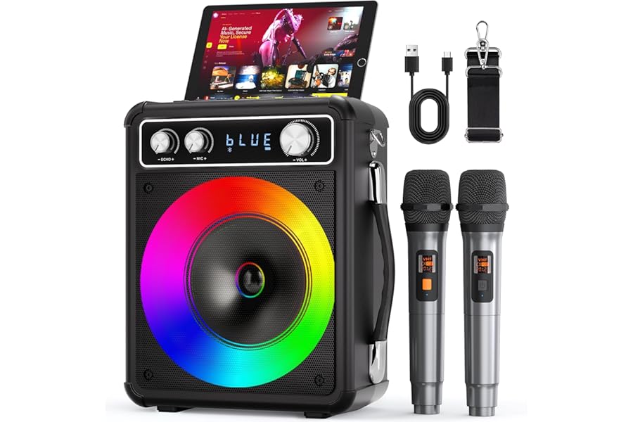 VOSOCO Karaoke Machine with 2 Wireless Microphones, Portable Bluetooth Speaker for Adults Kids, PA Systems Support TWS Echo Adjust TF USB AUX for Home Party Outdoor Travel