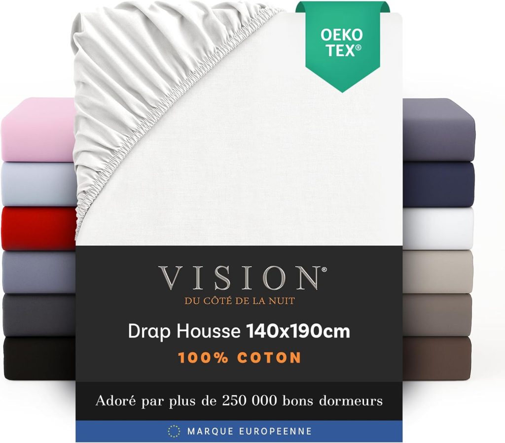 Vision Drap Housse 100% Coton 140x190 cm Blanc Certifié Oeko-Tex