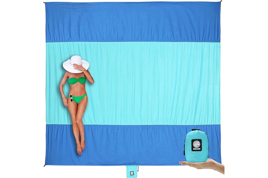 WEKAPO Beach Blanket Sandproof Waterproof, Extra Large Beach Mat, Oversized & Compact Sand Free, Quick Drying Beach Essentials for Vacation, Cruise, Picnic & Camping with Stakes