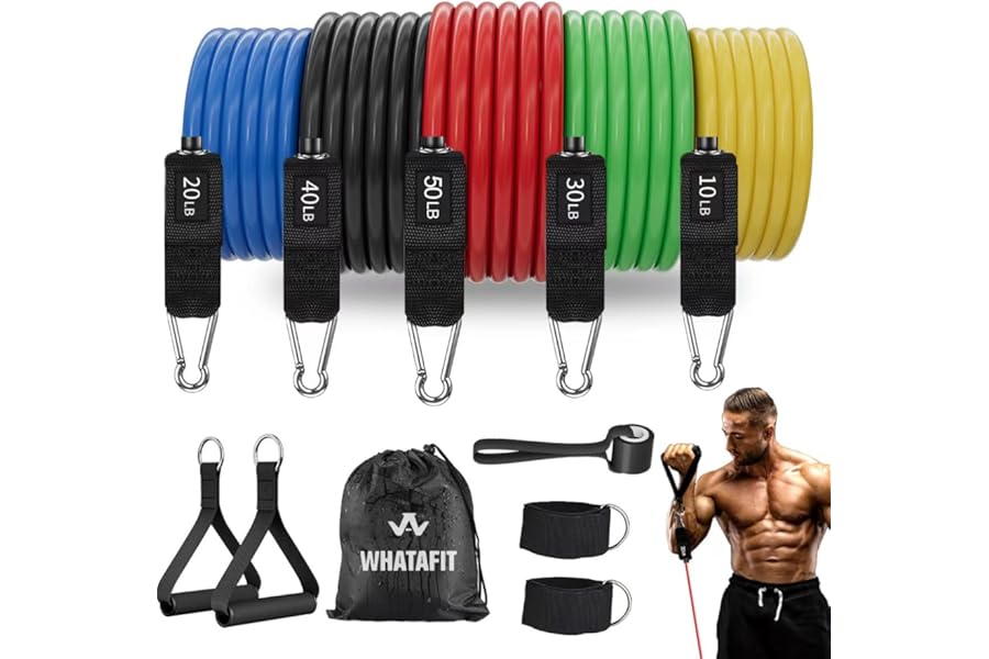 WHATAFIT Resistance Bands, Exercise Bands, Workout Bands with Handles, Door Anchor and Ankle Straps, 5 Resistance Levels Fitness Bands for Strength Training, Physical Therapy, and Home Gym Equipment