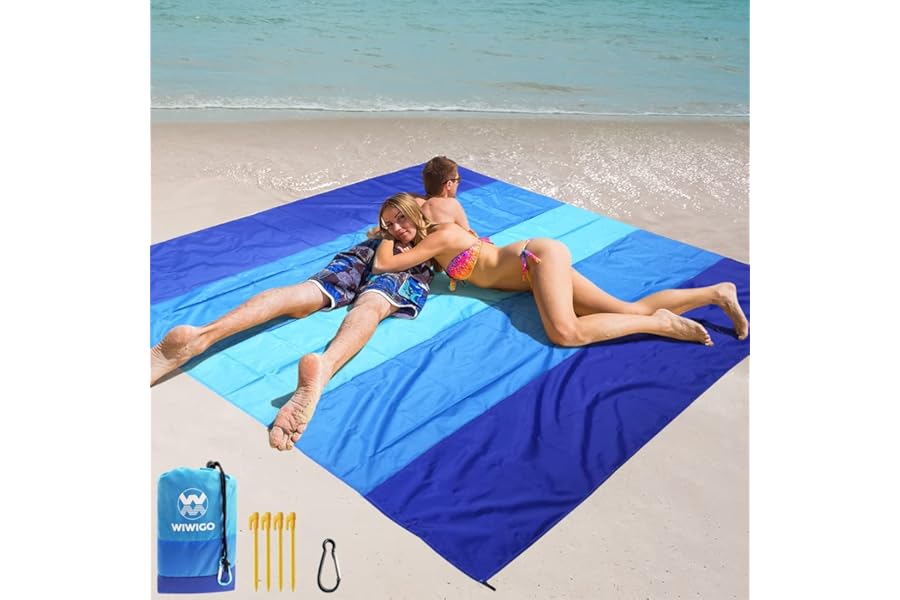 WIWIGO Beach Blanket Waterproof Sandproof Beach Mat 79" X 83"/10'x9'for 2-8 Adults Quick Drying Outdoor Picnic Mat Beach Accessories for Travel, Camping, Hiking