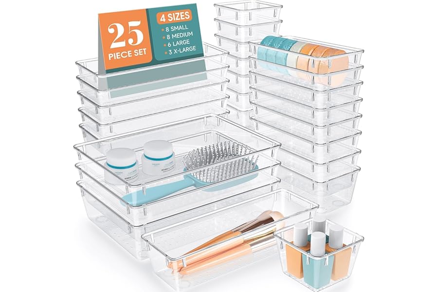WOWBOX 25 PCS Clear Plastic Drawer Organizer Set, 4 Sizes Desk Drawer Divider Organizers and Storage Bins for Makeup, Jewelry, Gadgets for Kitchen, Bedroom, Bathroom, Office