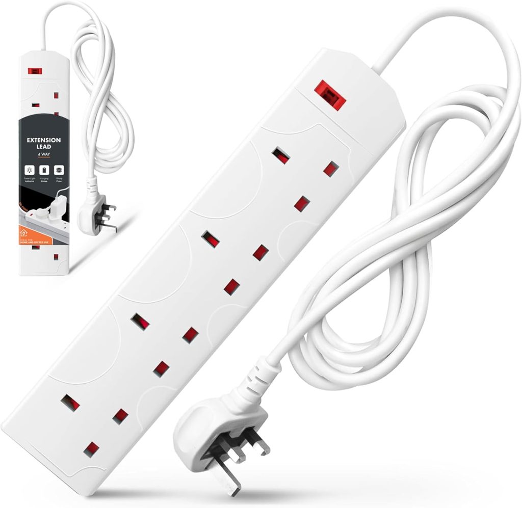 Wolf Power 4 Way Extension Lead, 2 Metre Extension Cable with UK 3 Pin Plug, Multi Socket Power Strip, Wall Mountable, Suitable for Home, Office & Appliances (White, 1 Pack)