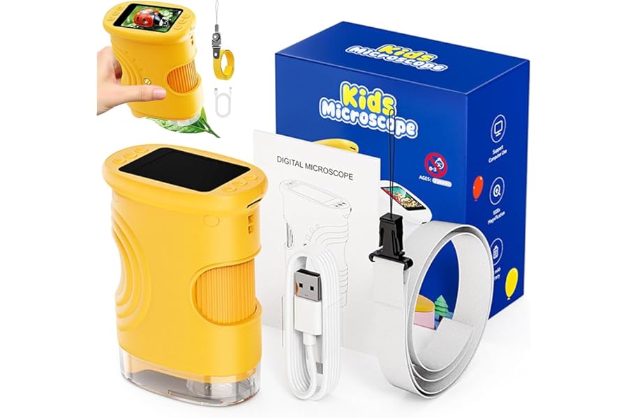 Wonder Quest Microscope, 200x-1000x Magnification Handheld Portable Microscope, with 4k Screen & LED Lights, Educational Science Toy, Ideal for Outdoor Discovery, Classroom (Yellow)
