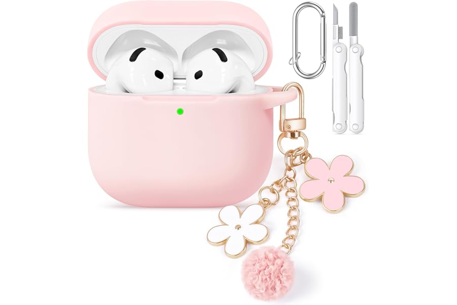Wowwat for AirPods 4 Case Cover, Soft Pink Silicone Protective Shell Compatible with Apple AirPods 4th Generation Case for Women Girly, iPod 4 Case with Flower Chain,Keychain and Cleaner Kit - Pink