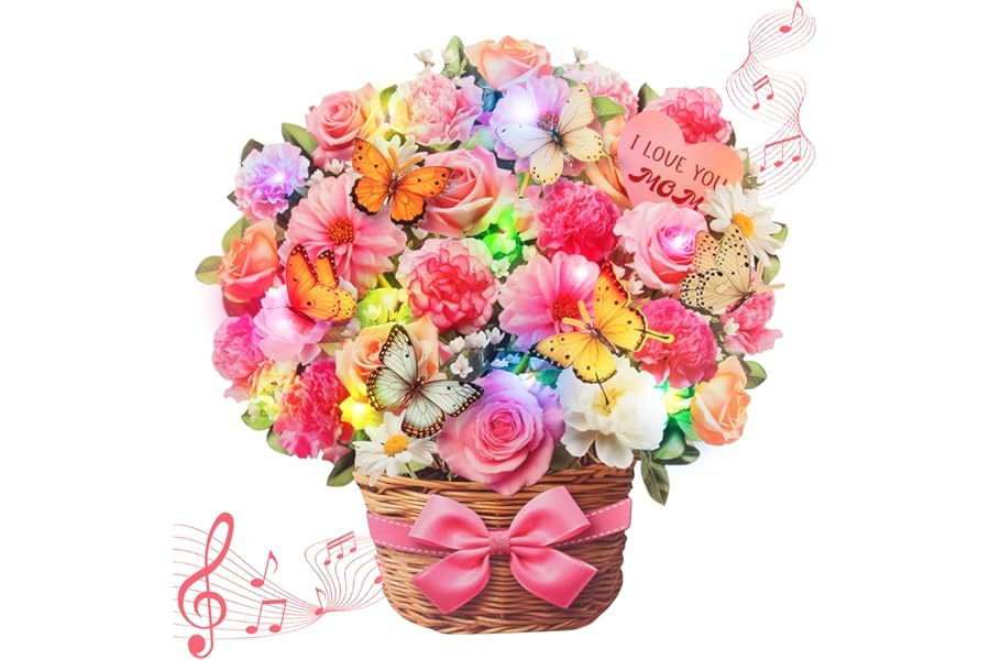 XTF2015 Mothers Day Card with Music & Lights, 3D Pop Up Happy Mothers Day Cards, Carnation & Pink Rose, 10 Inch Forever Flower Bouquet Gift Card for Mom Mother's Day, Aunt, Women
