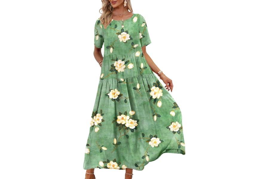 YESNO Women Casual Loose Bohemian Floral Dress with Pockets Short Sleeve Long Maxi Summer Beach Swing Dress EJF