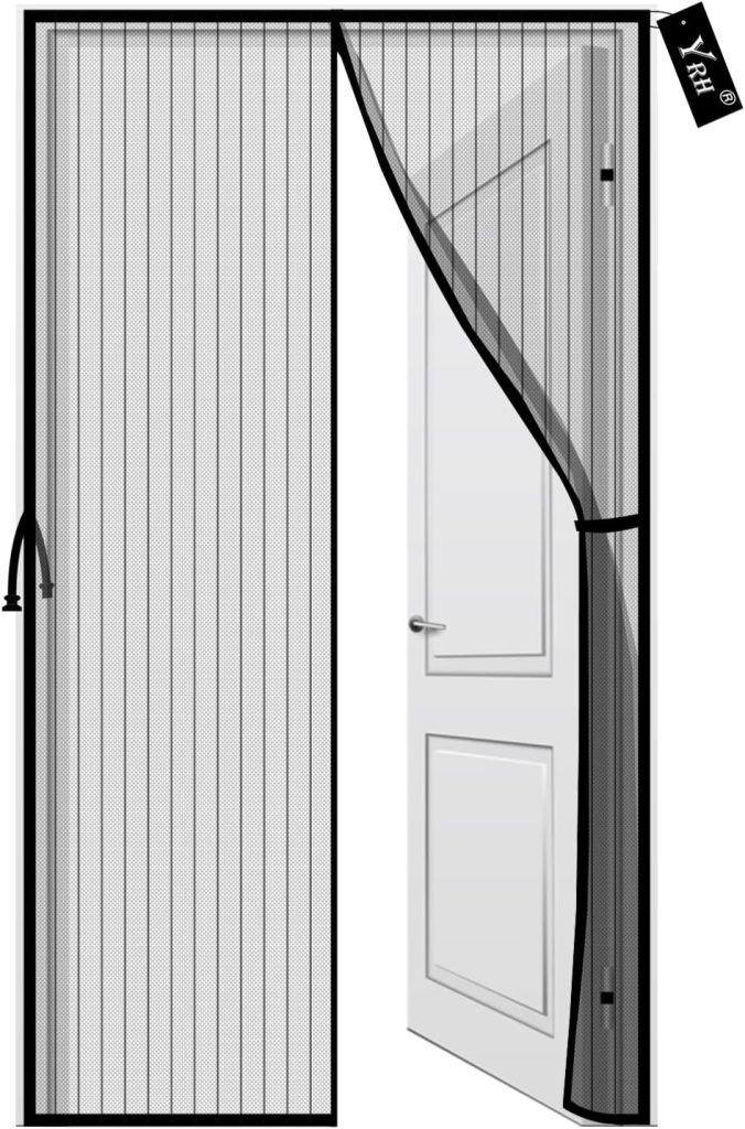YRH Mosquitera Puerta Magnetica, Nuevo Diseño de Hebilla Lateral, Malla Mejorada y Autosellante, Puerta Mosquitera con Cinta de Sujeción Universal, Negro, 90 x 210 cm