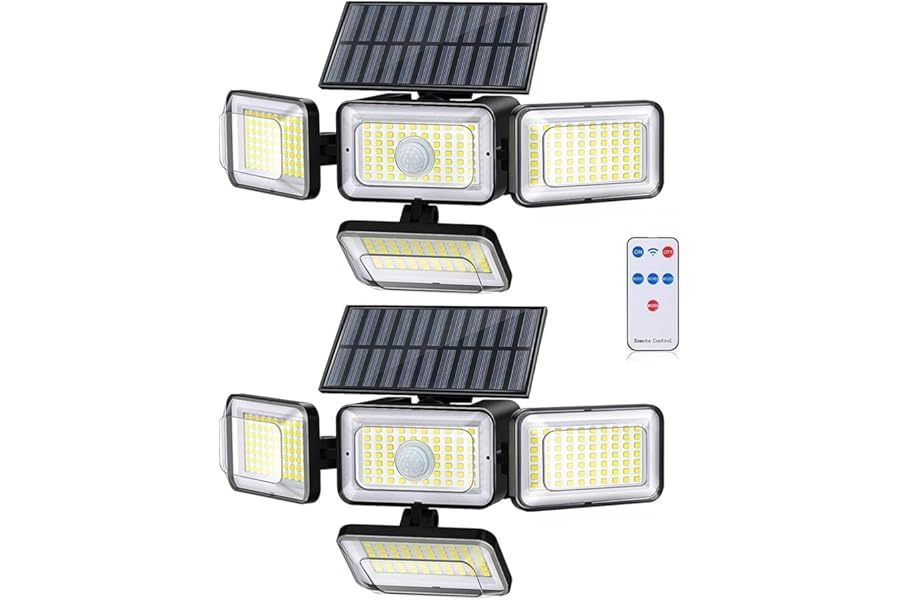 YSEAGA Solar Lights Outdoor Waterproof, 288 LED 2800LM Motion Sensor Outdoor Lights with Remote Control, 4 Head Solar Flood Lights Outdoor for Patio, Garage, Yard, Wall, IP65 Security Lights 2 Pack