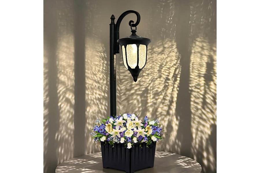 Yonaveil Solar Lamp Post Light with Planter, Outdoor Solar Lights with Crackle Glass, Matte Black Outdoor Flower Pots, 2 in 1 Solar Post Lights Waterproof for Porch Garden Patio