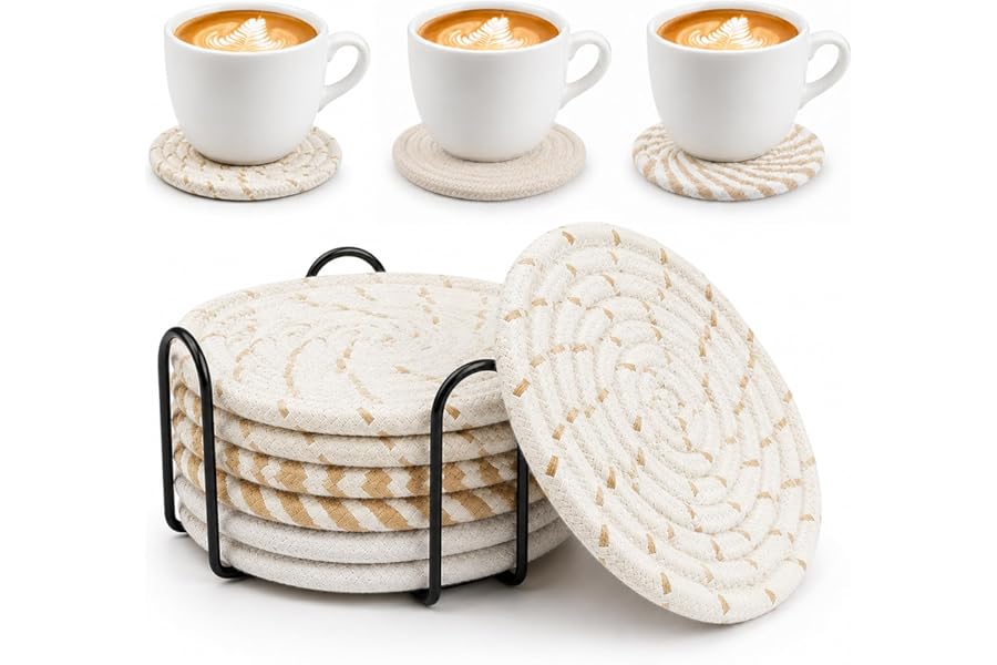 ZRHI 6pcs Cotton Woven Coasters for Drinks, Absorbent Coasters Set with Holder, 210°F Heat Resistant, 4.4 Inch Diameter, Cup Coasters for Tabletops, Coffee Tables, Desks, Soft & Protective