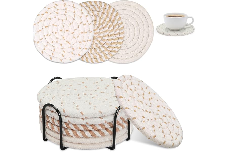 ZRHI Coasters Set of 6 for Drinks with Holder, Absorbent Cotton Woven Coasters with 3 Colors, Cup Coasters for Coffee Table, Desk & Dining Table, Bohemian Style for Home & Tabletop Decor