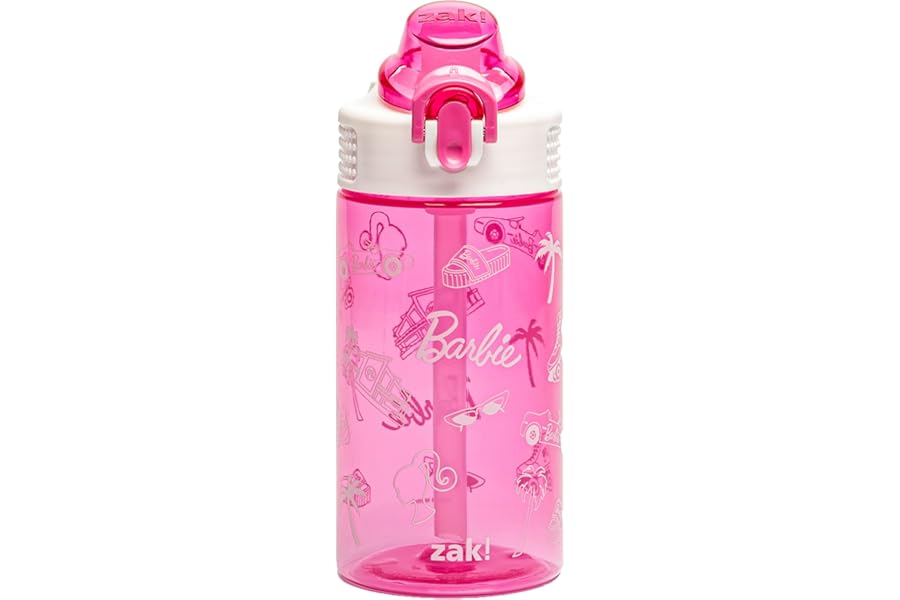 Zak Designs Barbie Sage Water Bottle For School or Travel, 16oz Durable Plastic Water Bottle With Straw, Handle, and Leak-Proof, Pop-Up Spout Cover (Barbie)
