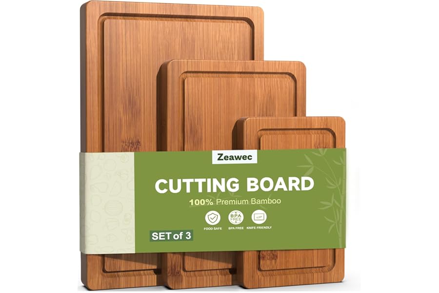 Zeawec 3-Piece Set Bamboo Cutting Board for Kitchen - Crack-Resistant Wood Chopping Boards with Deep Juice Grooves, Pre-Oiled Butcher Block for Meat, Vegetables & Cheese, Carbonized