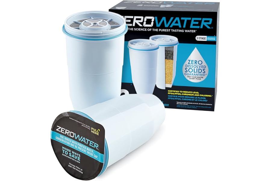 ZeroWater Official Replacement Filter - 5-Stage 0 TDS Filter Replacement - System IAPMO Certified to Reduce Lead, Chromium, and PFOA/PFOS, 2-Pack