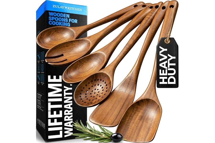 Zulay Kitchen 6 Piece Wooden Spoons for Cooking – Natural Teak Wooden Utensil Set, Easy to Clean, Durable, Smooth with Comfort Grip - Non Toxic Wooden Cooking Utensil Sets